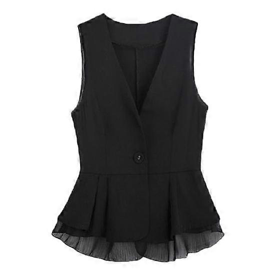 Lady Women Vest Coat Single Button Closure Sleeveless Pleated Ruffle Mesh Patchwork