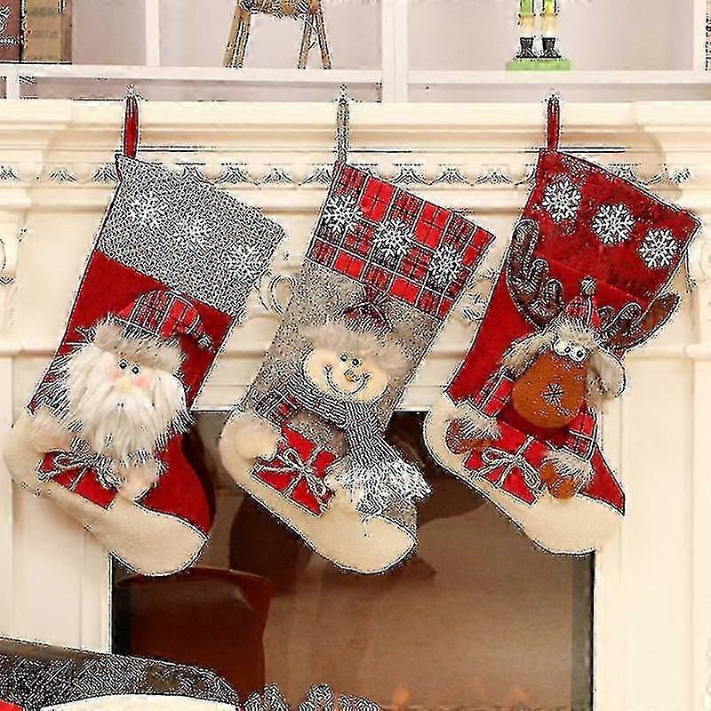 Christmas Stocking, 18" Set Of 3 Santa, Xmas Character 3d Plush
