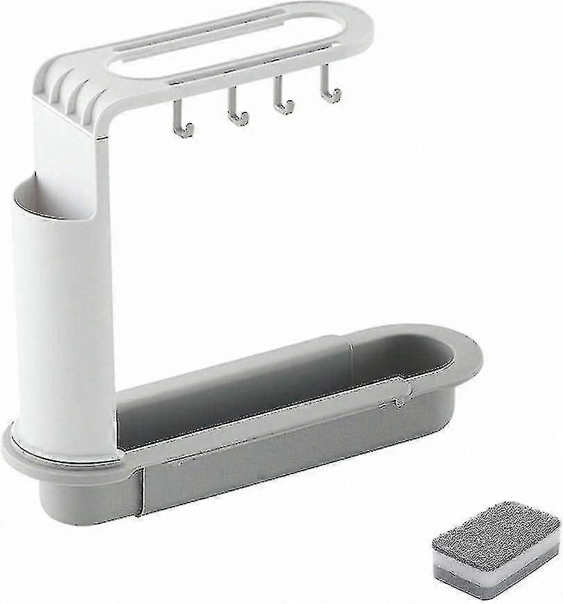 Adjustable Sink Storage Rack with Drainage and Sponge Holder, Grey