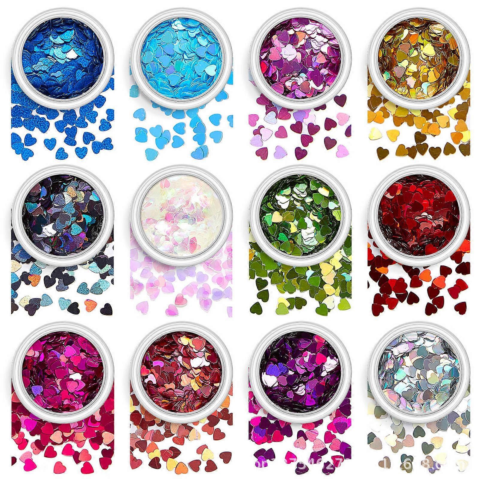 Nail Glitter Flakes Love Heart Pattern for DIY 12 Boxes Assorted Color