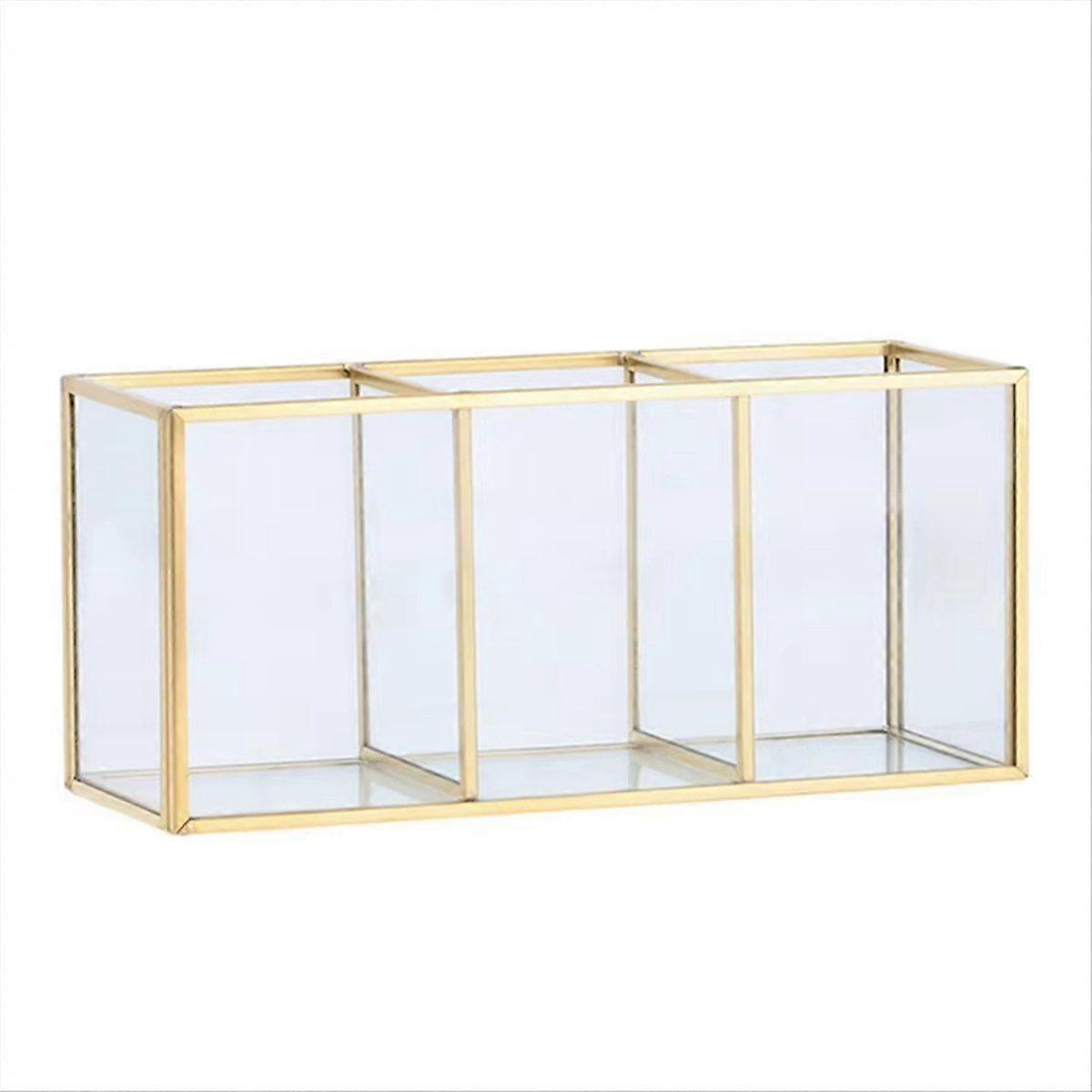Transparent GlassMakeup Brush Storage Box Gold Cosmetics Container