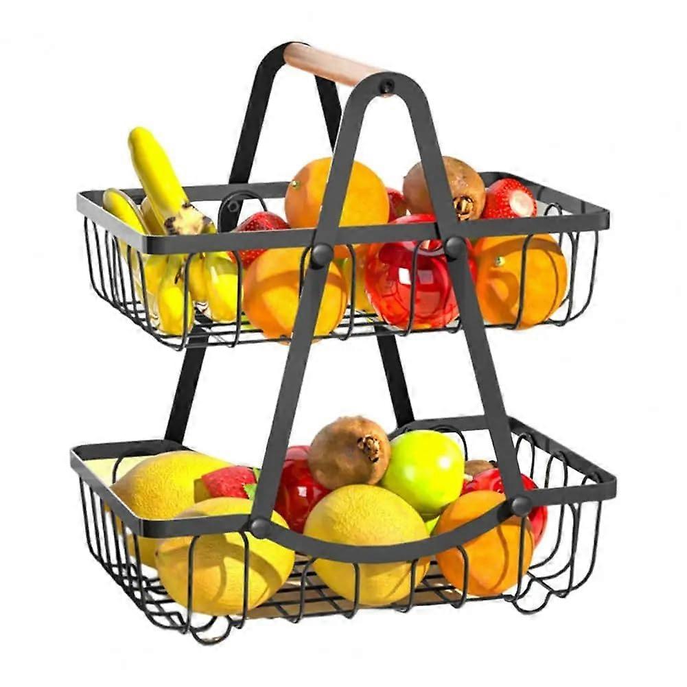 Double Layer Fruit Basket With Wooden Handle, Heavy Duty Metal, Countertop Organizer, Multifunctional Storage Rack