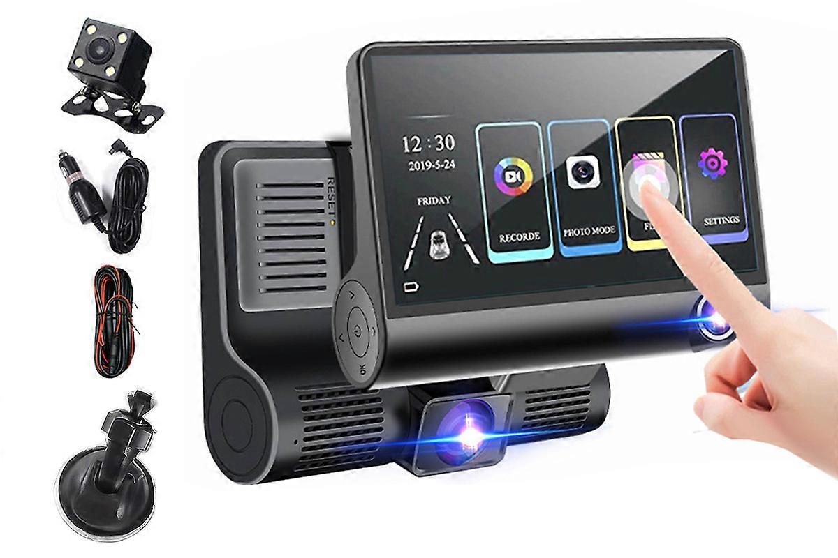 3 Channel Touchscreen Dash Cam Front and Rear with Monitor Reversing