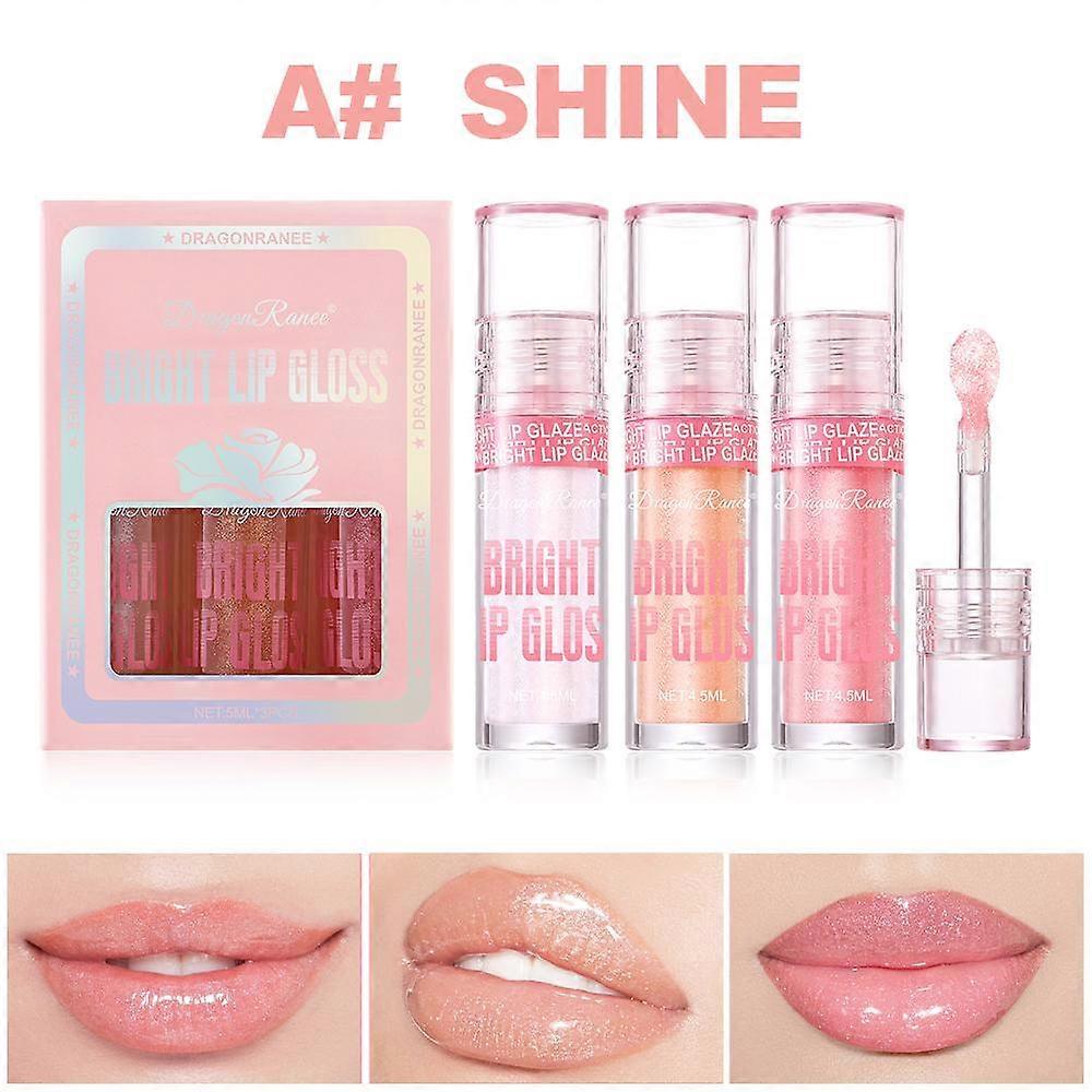 Dragon Ranee 3-Piece Pearl Shimmer Lip Gloss Set with Large Brush Applicator Glossy Mirror Finish Lip Gloss
