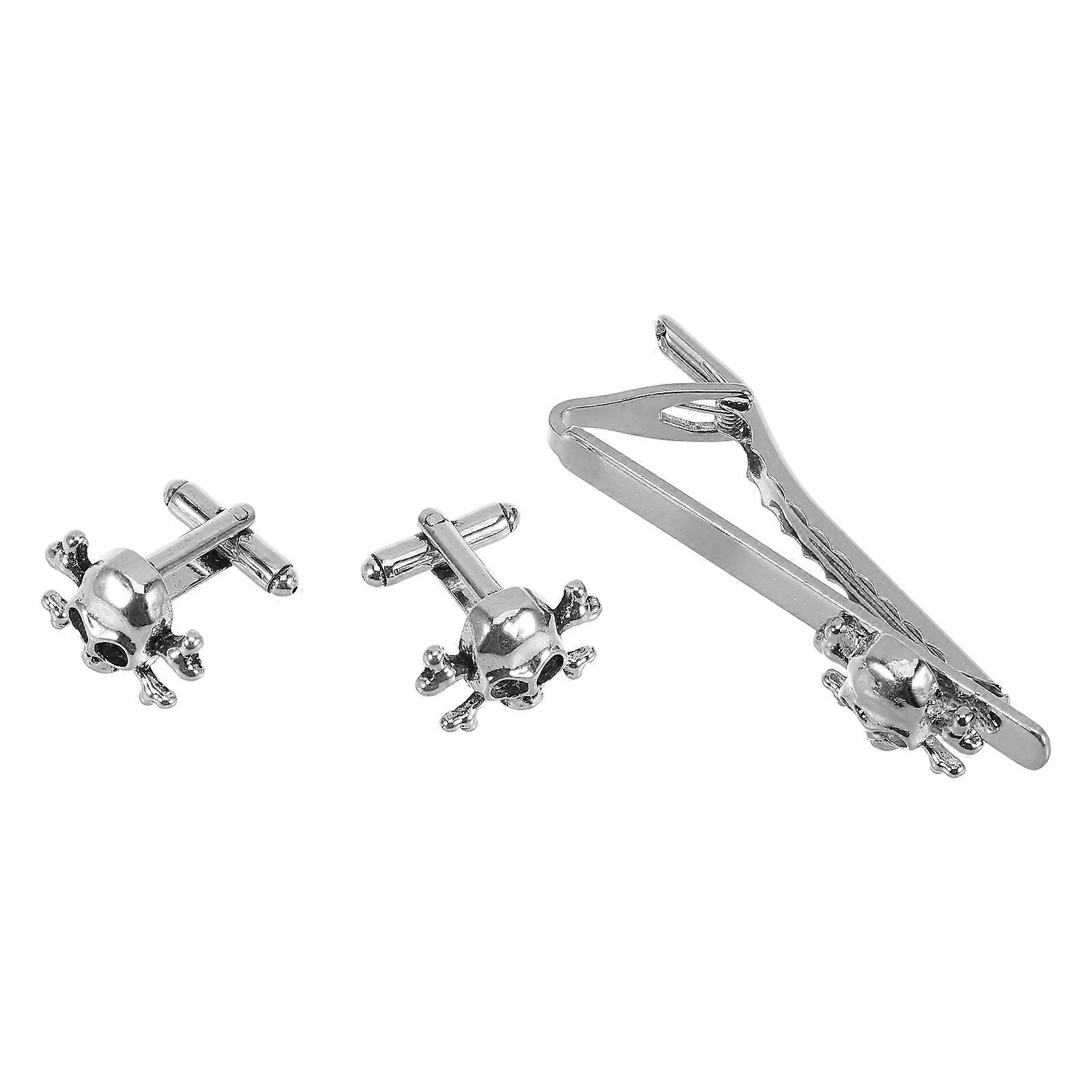 Silver Alloy Skull Tie Clip and Cufflinks Set for Men Business Use 3Pcs