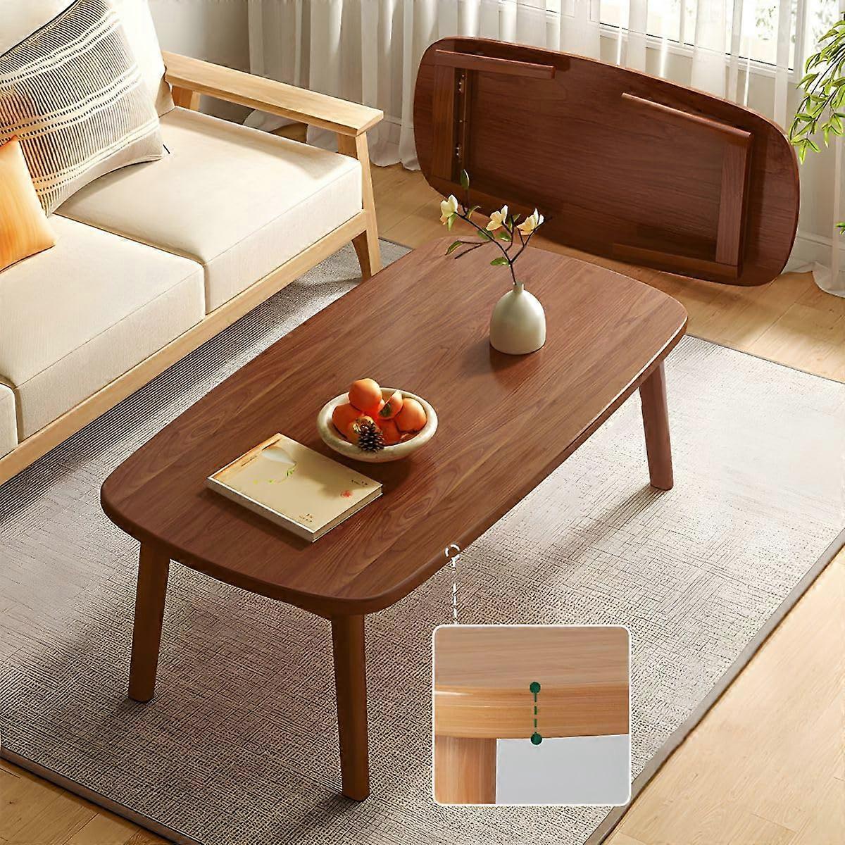 Solid Walnut Wood Coffee Table with Foldable Side, Minimalist Living Room Center 39 x 22 x 17