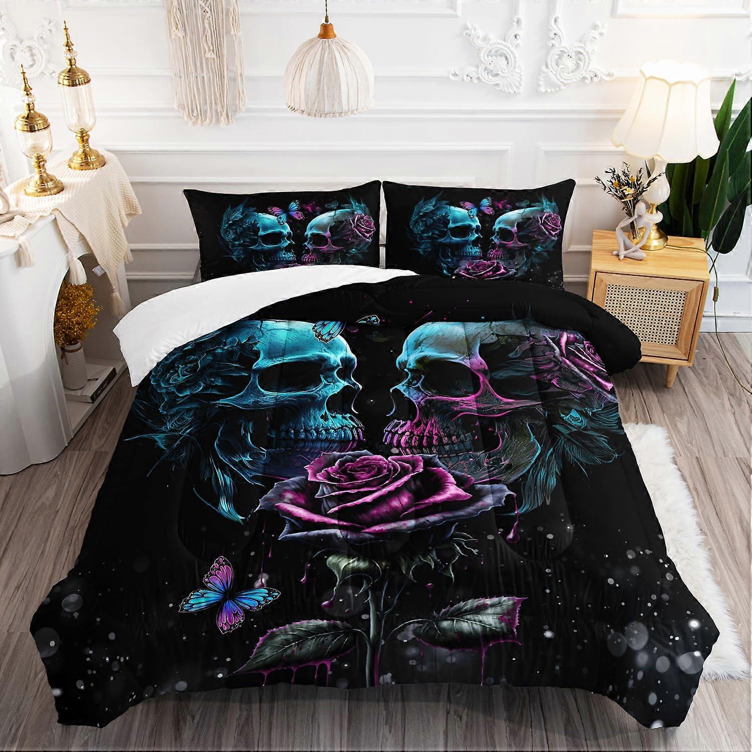 Skull Comforter Set Queen Size 3 Piece with Pillowcases Bold Rose Skull Design AllSeason Bedding