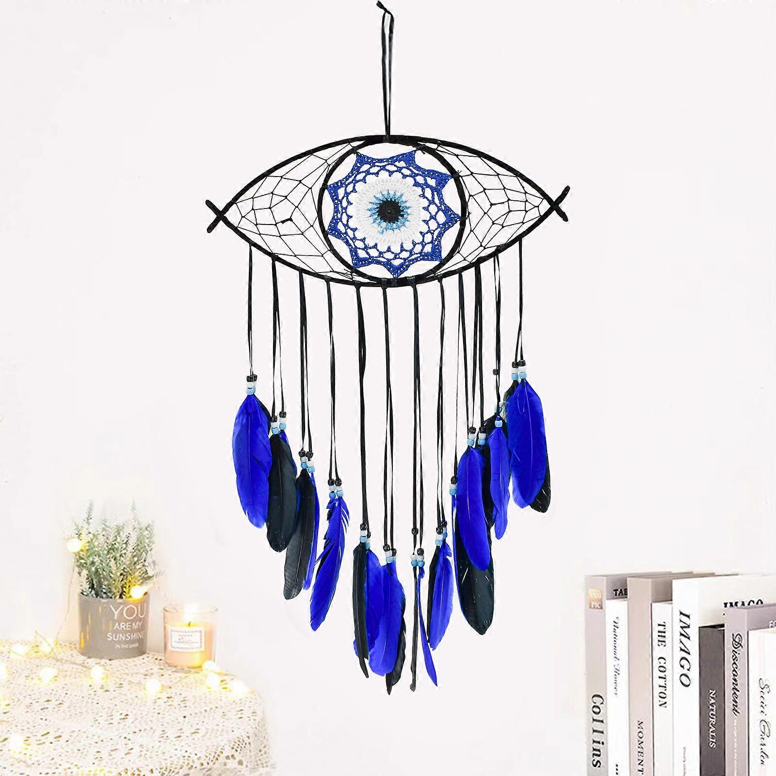 Handmade Evil Eye Dream Catcher Macrame Wall Hanging with Feathers, Large Boho Wall Decor