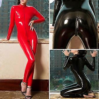 Glanzende latex leren bodysuit met ritssluiting en open kruis, catsuit, jumpsuit, lingerie