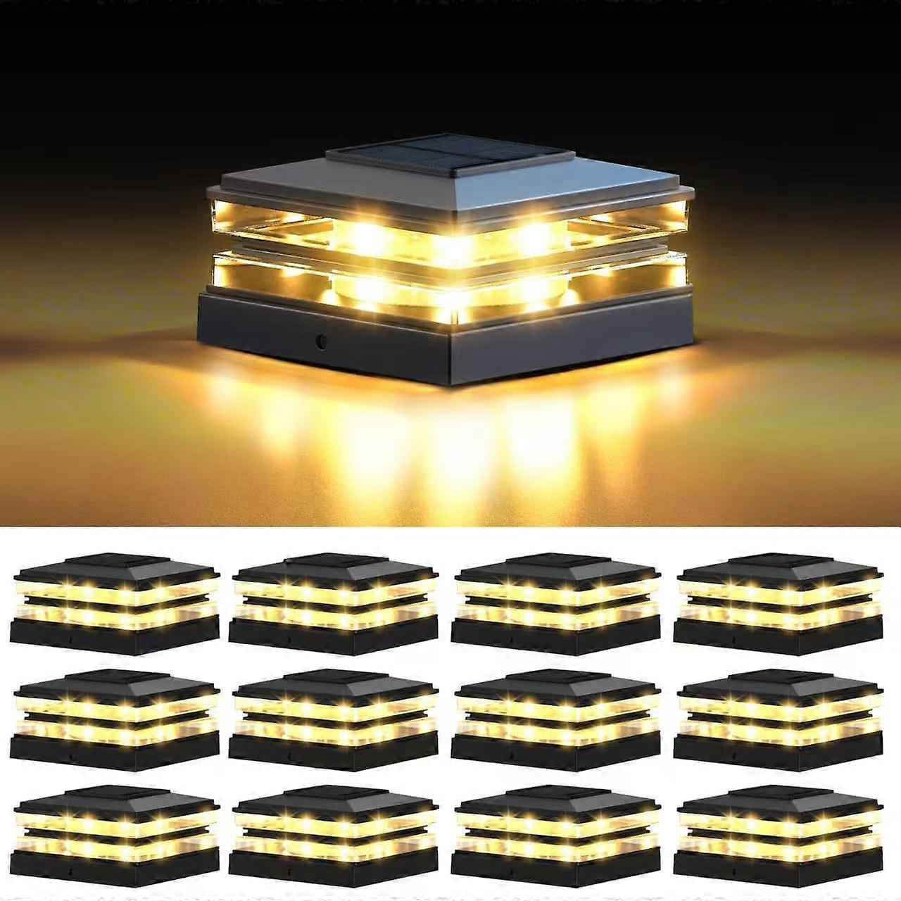 4x4 Solar Post Cap Lights Outdoor Waterproof 12 Pack with Dual Modes Warm and Cool White for Fence and Deck