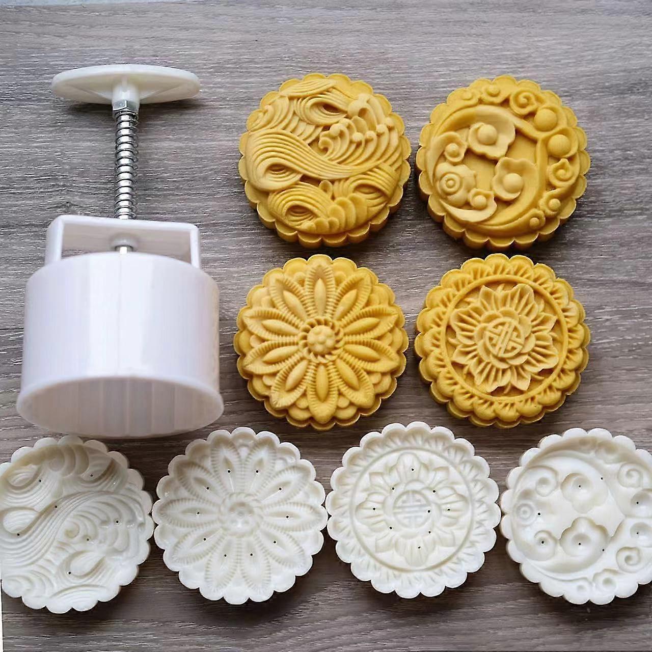 200g Mooncake Mold with Wavy Moire Pattern, DIY Hand Press Cookie Stamp Set for Baking