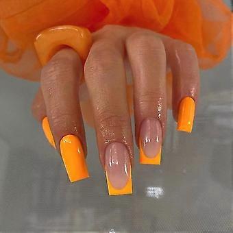 Medium Square Press On Nails Orange Glossy Fake Acrylic Reusable 24pcs Instant Salon Look
