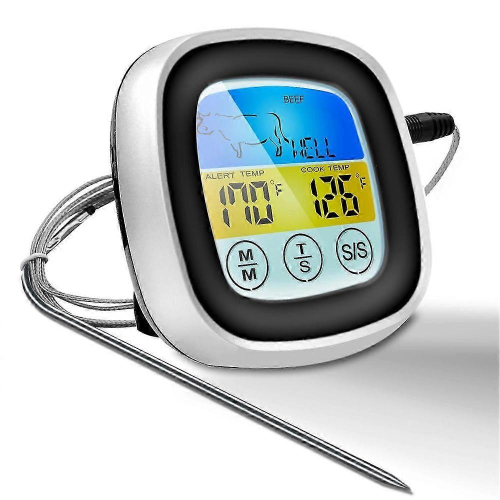 Digital Touchscreen BBQ Meat Thermometer, Stainless Steel Probe, Accurate Temp Reading, Countdown Timer, Black
