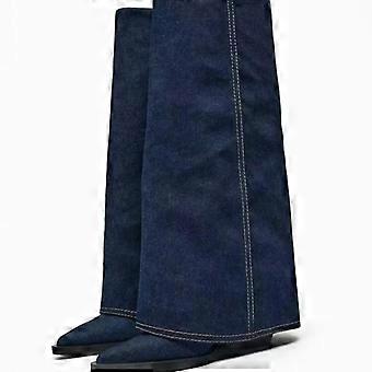 Moda 2025 Nuevas botas altas hasta la rodilla para mujer, estilo vaquero, con tacones gruesos, estilo western, para invierno, de mezclilla, tallas 35-42