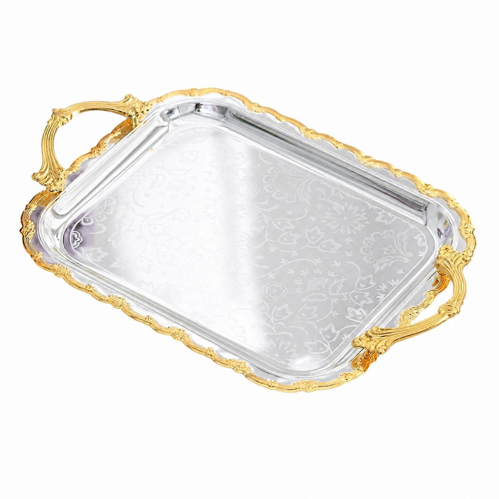 European-Style Rectangular Serving Tray Silver Floral-Patterned Serving Tray