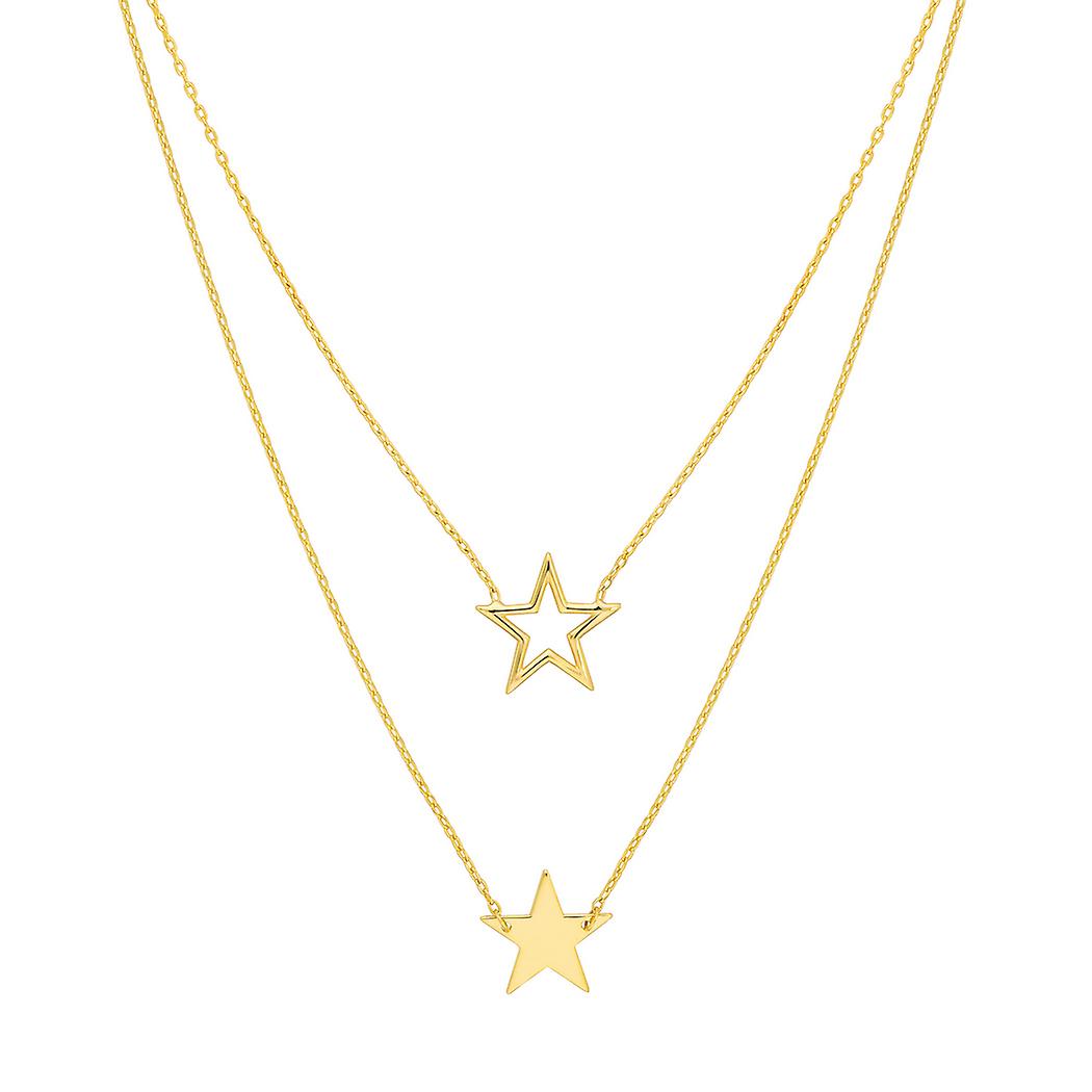 Colar ajustável com pingente de estrela dupla, maciça e vazada, em ouro amarelo 14k, 45 cm (18 polegadas), para mulheres.
