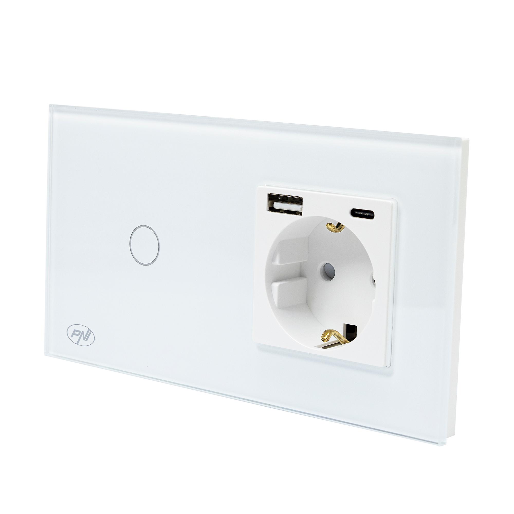 PNI SH115W interruptor de vidro simples com toque, combinado com tomada Schuko e plugues USB