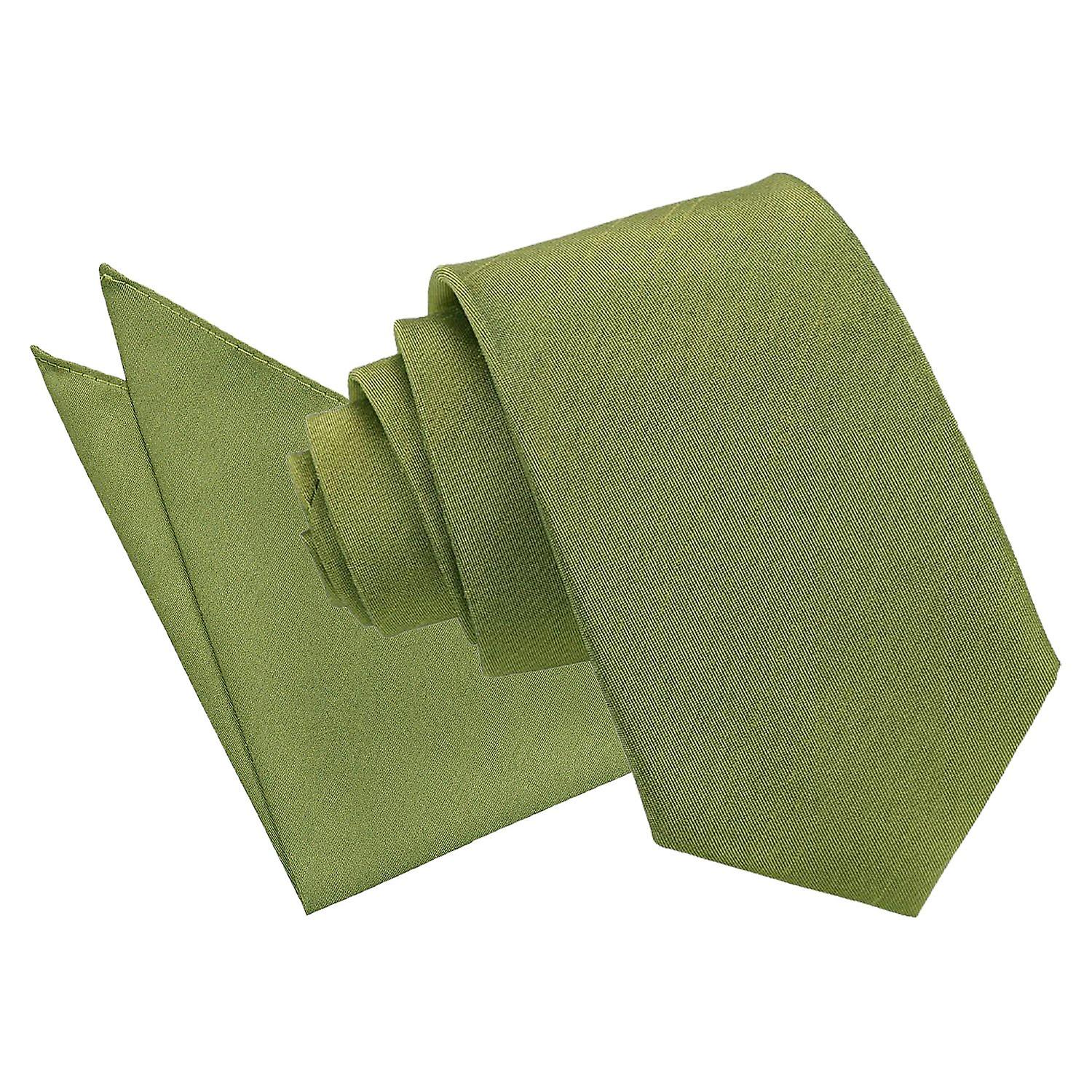 Olive Green Plain Shantung Slim Tie and Pocket Square Set