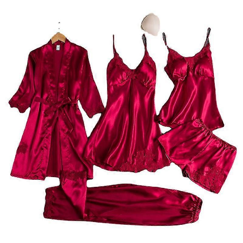 أنثى بيجاما مجموعة 5 قطع ملابس النوم مثير الرباط مريحة ملابس النوم Loungewear#بورجوندي