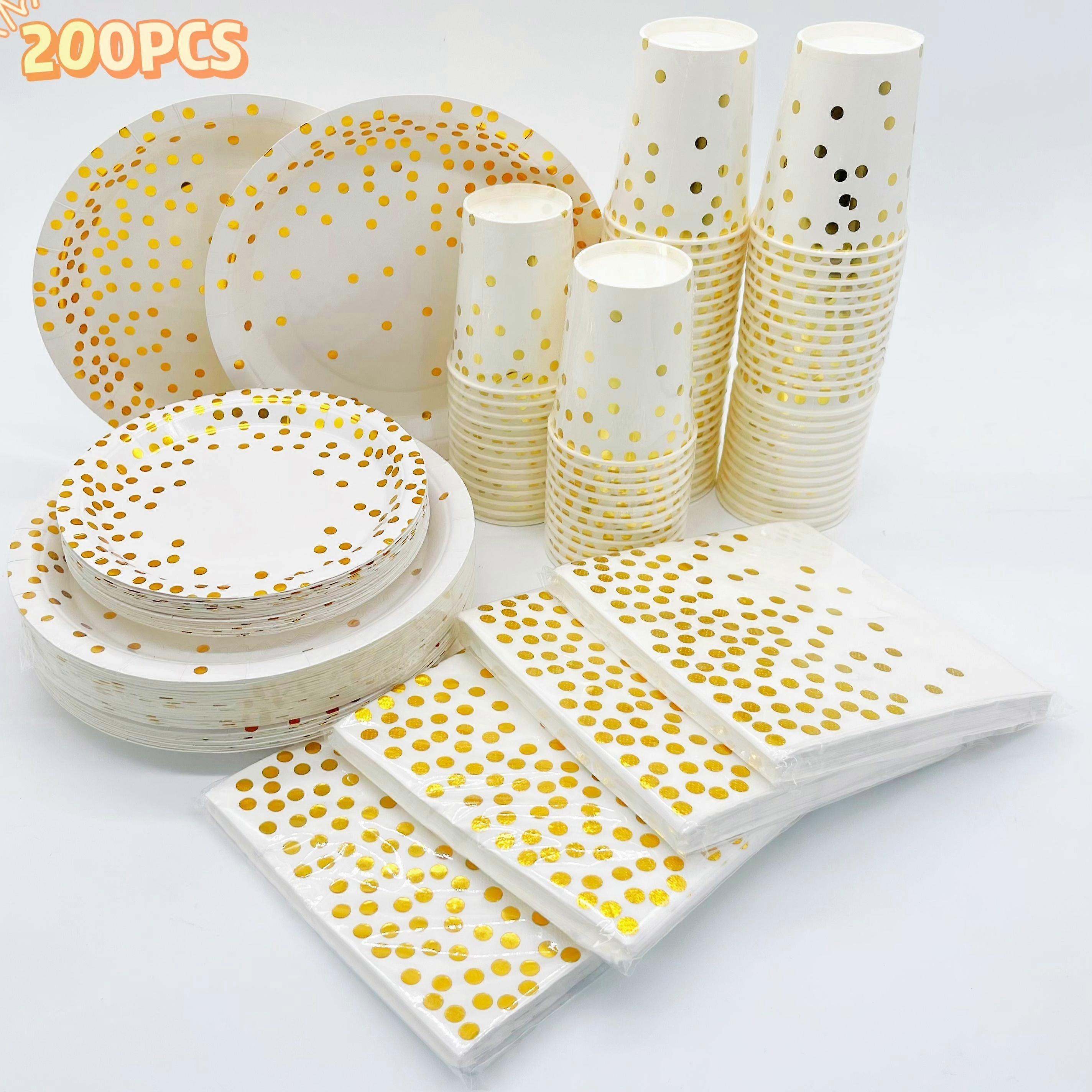 200pcs, Disposable White Paper Plates Dinnerware Set Gold Dots 50 Dinner Plates 50 Dessert Plates 50 Cups 50 Napkins Wedding Birthday Party, Christmas