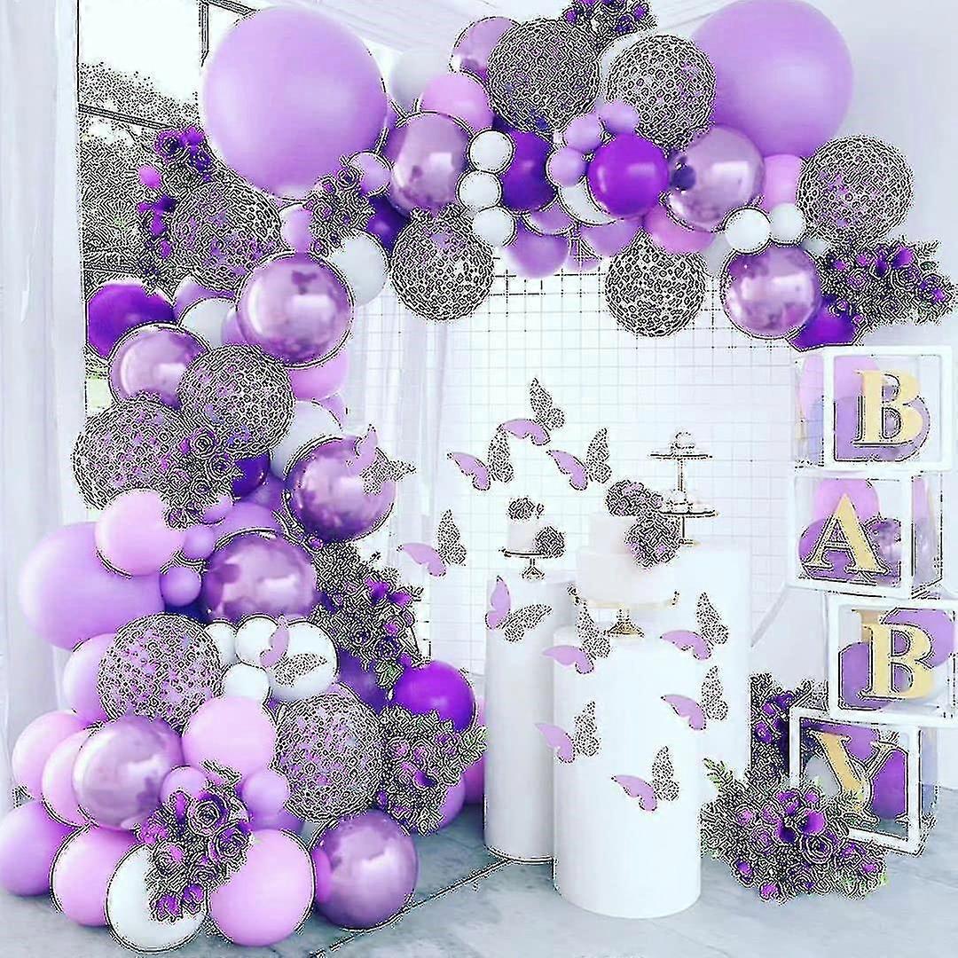 紫色のバルーンアーチキット、紫色の白い風船ガーランドバタフライラテックスデコレーション用品バレンタインデー、母の日誕生のための女の子のベビーシャワー