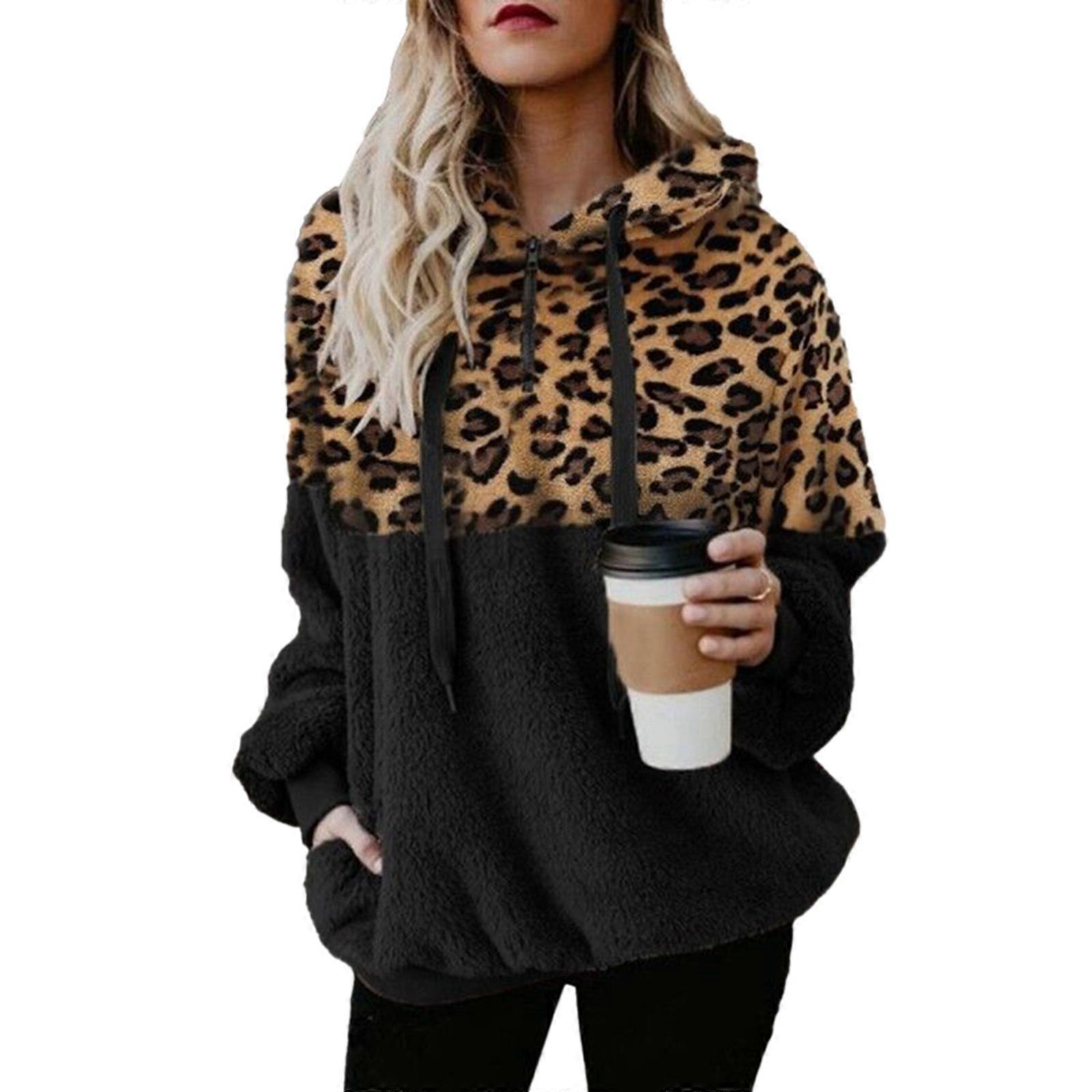 Hoodie for Women Leopard Print Plush Sweatshirt with Pockets Drawstring Hood