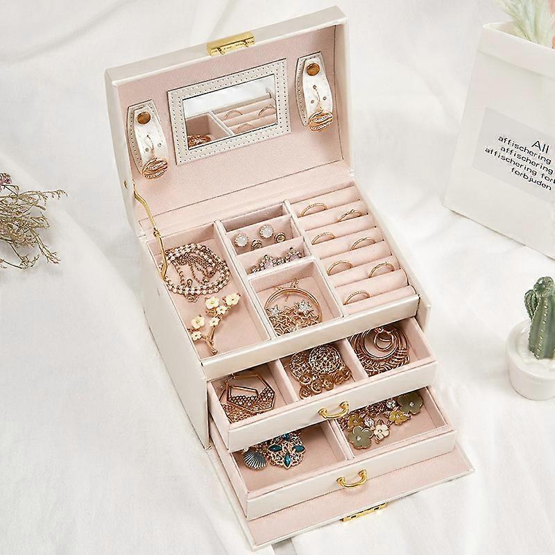 Jewellery Box 3 Layer Drawer with Mirror and Handle Travel Box for Rings Bracelets Earrings