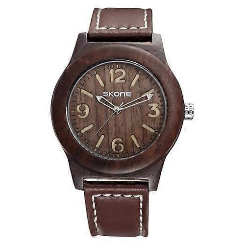 SKONE 3842 Round Dial Wooden Case Hollow Pointer Unisex Quartz Watch with PU Leather Band