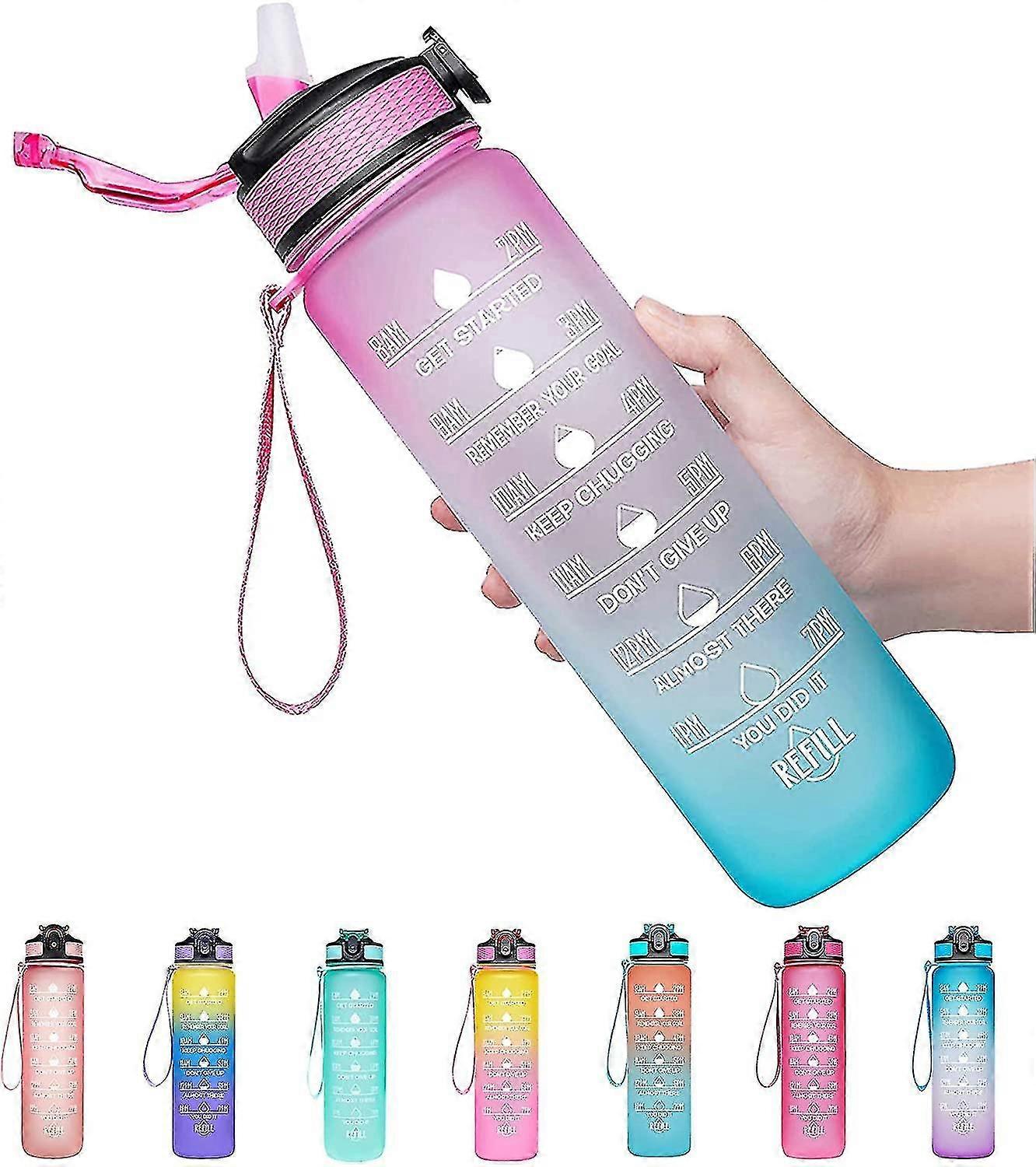 32oz Leakproof Drinking Water Bottle With Time Marker & Straw