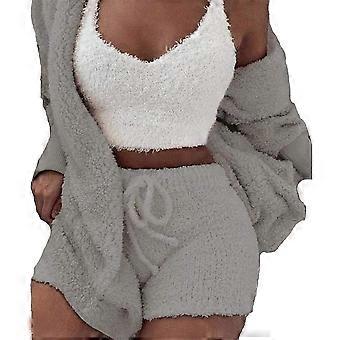 Women's Winter Plush Home Wear grey 3 Piece Pajamas Long Sleeved Fluffy Hooded Jacket with Open Front Coat & Shorts & Vest Suit Keep Warm Clothes(S)