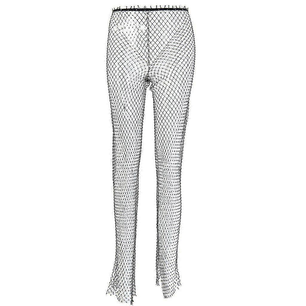 Kvinnor Flickor Mode Net Grid Open Slits Byxor Glänsande Imitation Diamond Dekorativa Leggings Elastiska Strumpbyxor För sommardagar