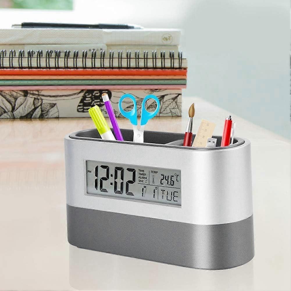 Digital Alarm Clock with Pen Holder, LCD Display, Snooze Function, Temperature and Perpetual Calendar