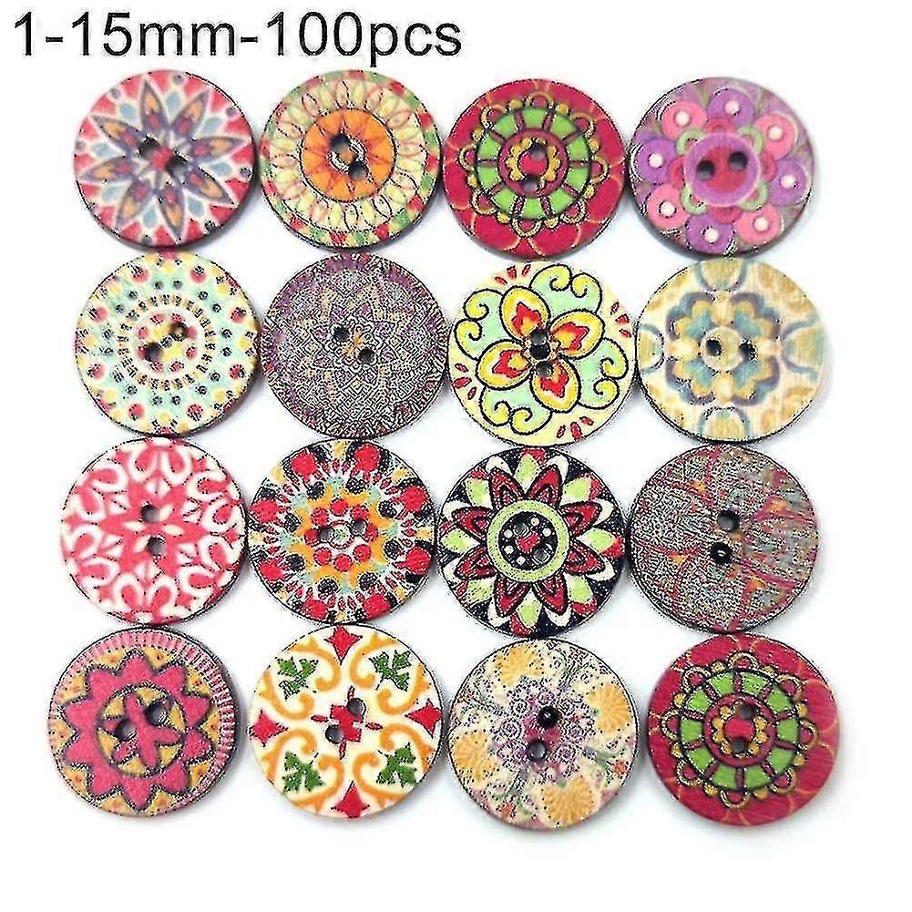 100 Pcs Bohemian Style Retro Pattern Round Shape Wooden Buttons Clothing Decor