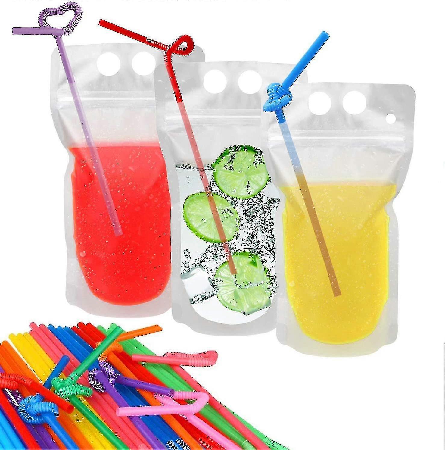 100 Pcs Drink Pouches With 100 Straw Holes Translucent Reclosable Zipper Plastic Pouches