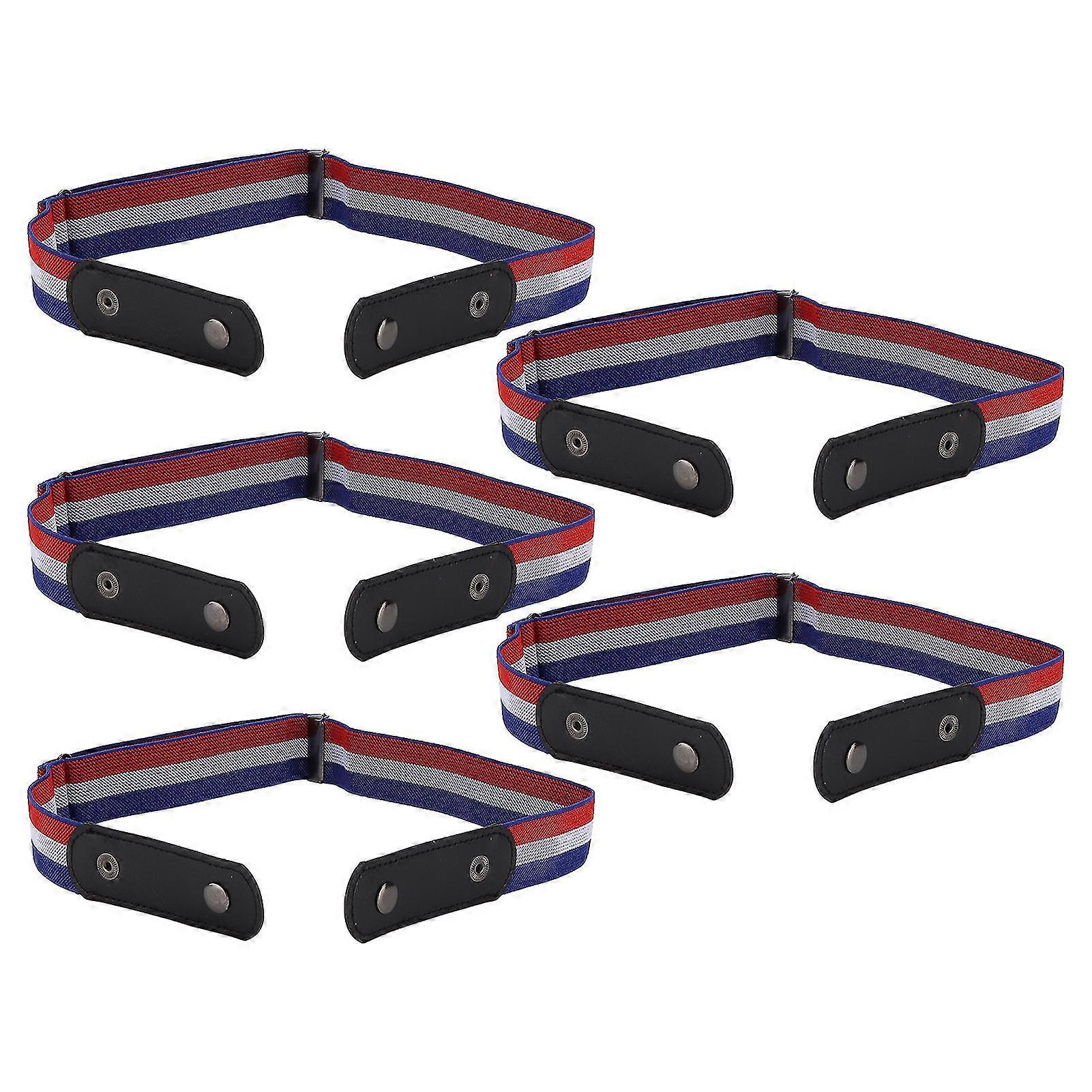 5Pcs No Buckle Belt Set - Blue White Red Stripe Elastic Waistband for Pants