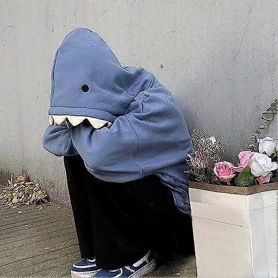 Women's Kawaii Shark Hoodie - Full Zip Up Sherpa Fleece Hoodie With Face Cover & Gloves, Cute Anime Aesthetic (Blue, Small) - View #4
