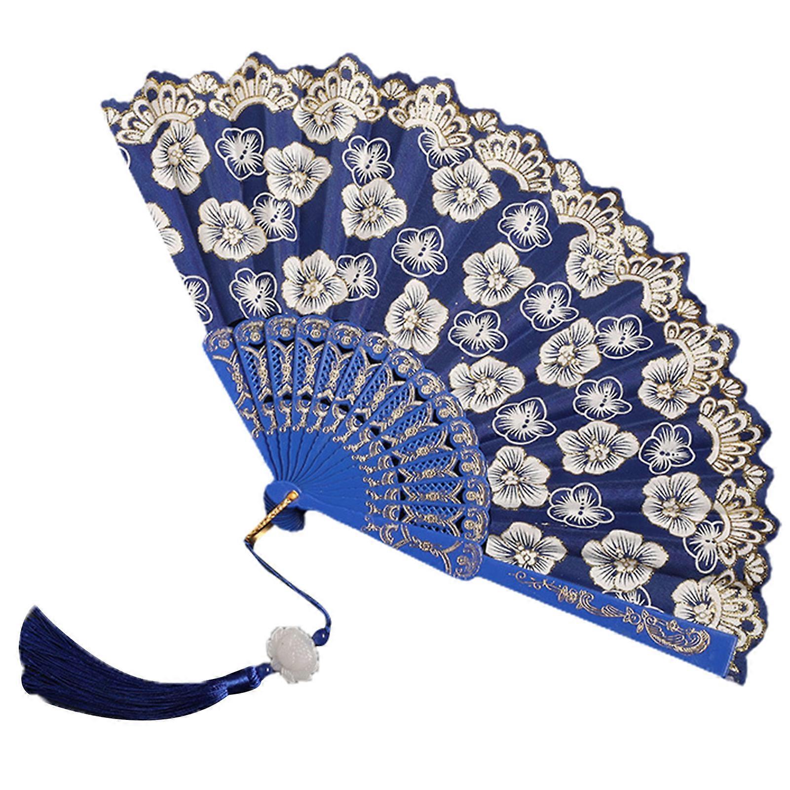 Retro Spets Vikbar Fläkt Bärbar Lättvikt Kinesisk Dans Handhållen Fläkt Cherry Blossom Mönster Elegant Kvinnors Fläkt med Tofs för Dansföreställning Ph