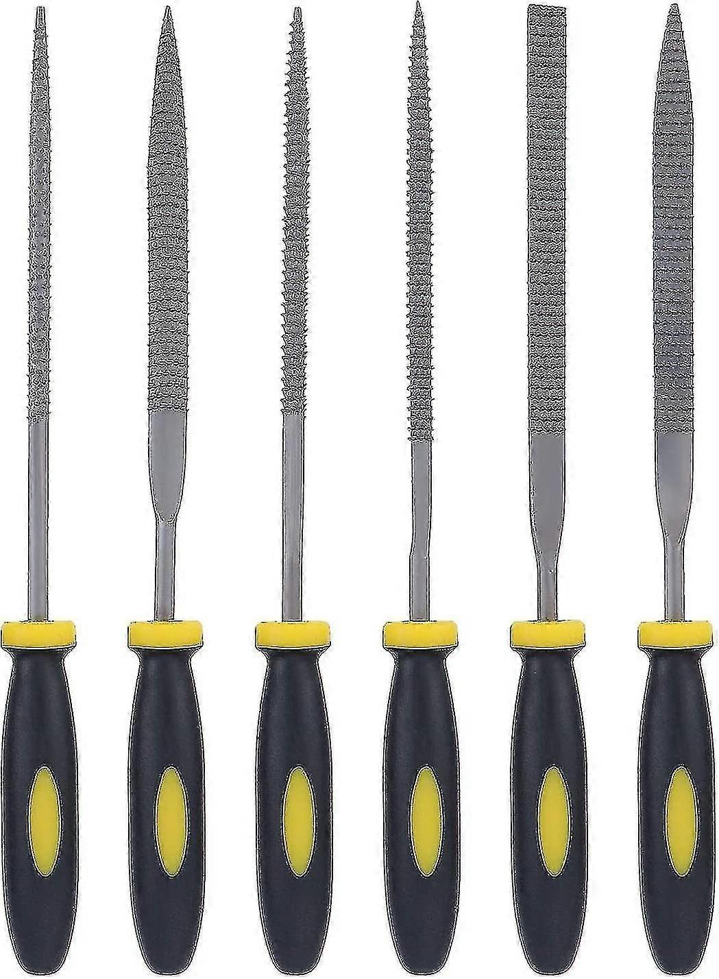 Set Of 6 Wooden Needle Files And Rasps With Soft Rubberized Handle With Different Shapes And Sizes For Carving On Wood