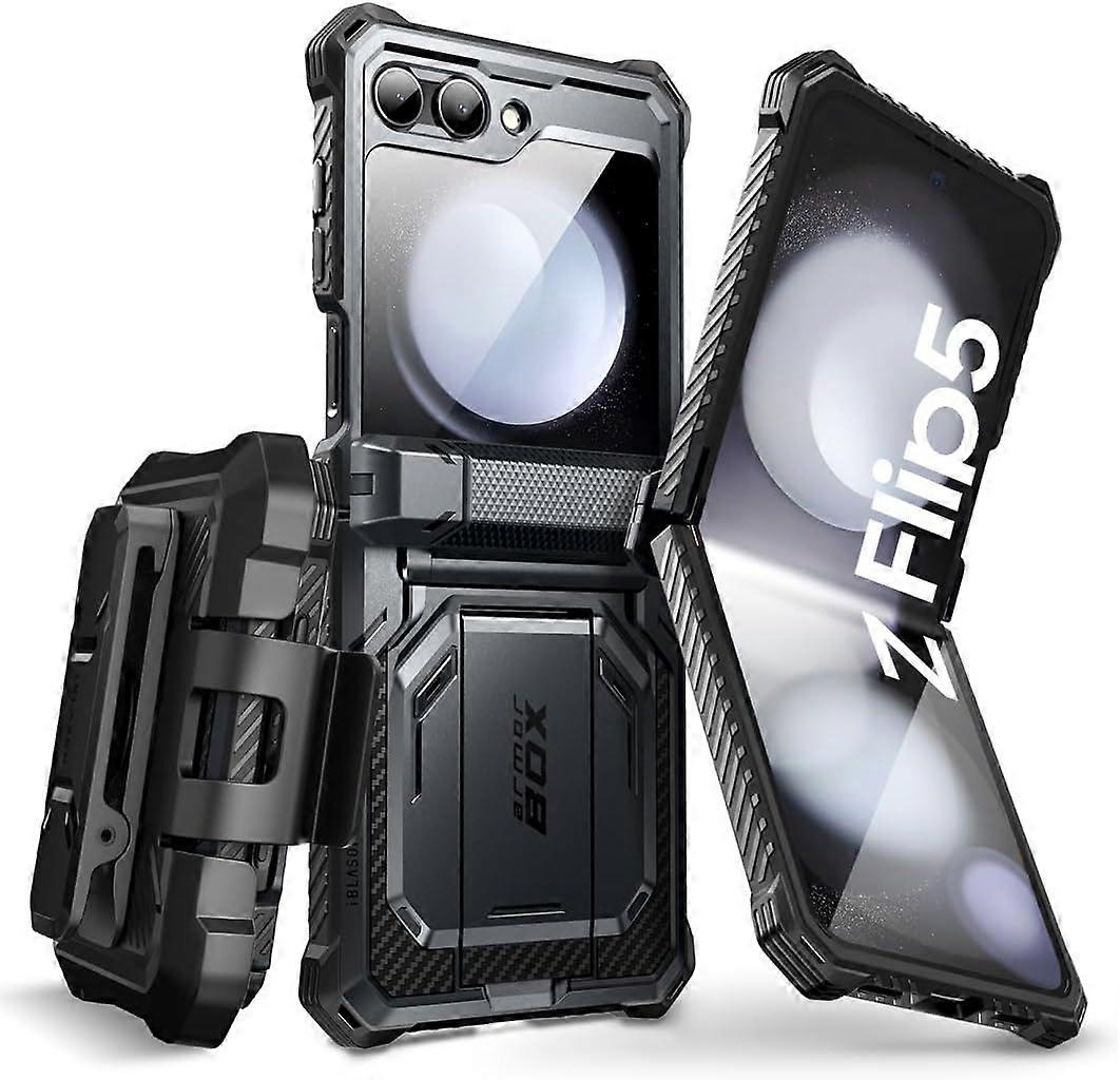Lason Armorbox Series per Samsung Galaxy Z Flip 5 Custodia () con protezione per lo schermo incorporata, cavalletto e clip da cintura, fu nero