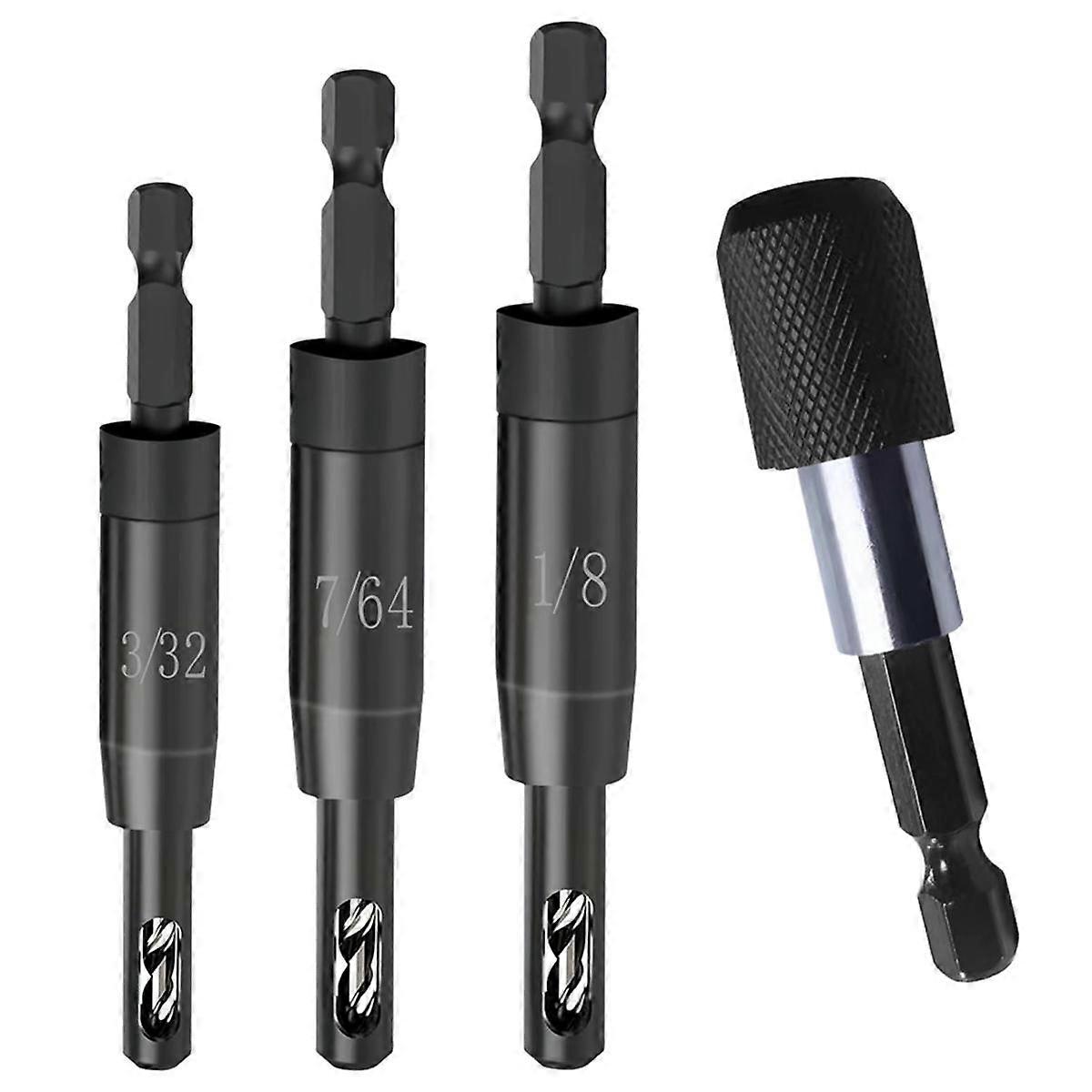 Self Centering Drill Bit 3/32", 7/64", 1/8" with Bit Holder for 1/4 in Bit Hex Shank,Drill Center F