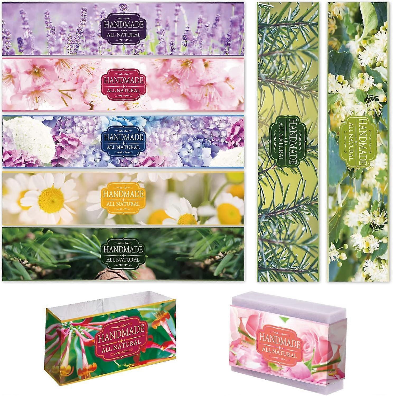 90pcs Handmade Wrap Label Tape 9 Styles Lavender Blossom Daisy Honeysuckle Hydrangea Flower Soap Paper Wrapper Label Tags Sleeves Covers Band for Soap
