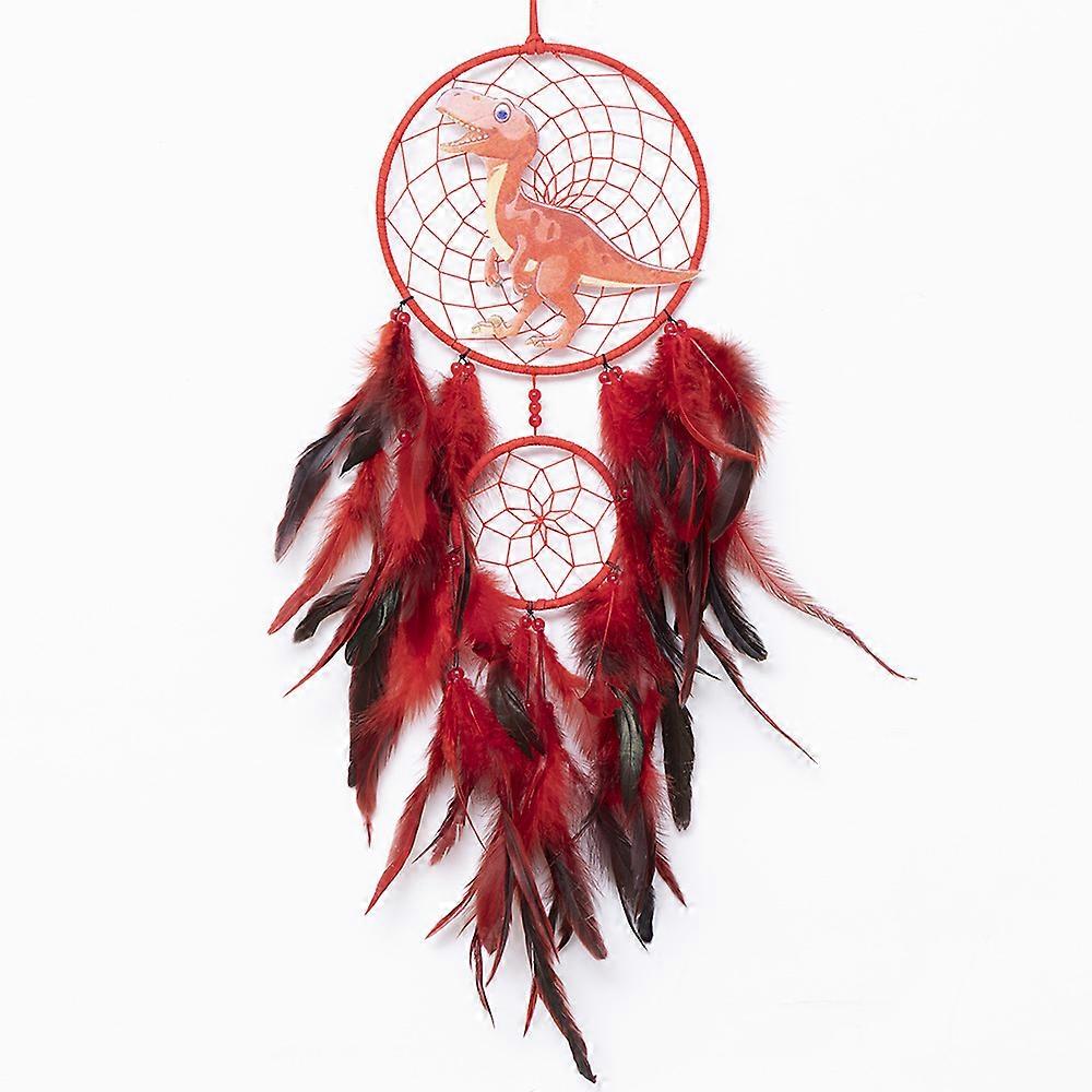 Red Dinosaur Feather Dream Catcher - Double Ring Decor for Bedrooms