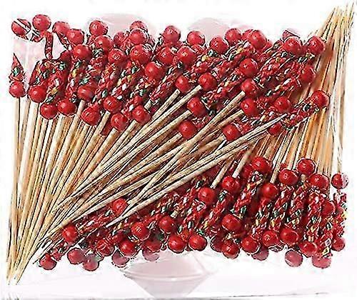 100 Count, Fun Red Beaded Bamboo Strings, Cocktail Toothpicks for Cocktail Party or BBQ Snacks (4.72")