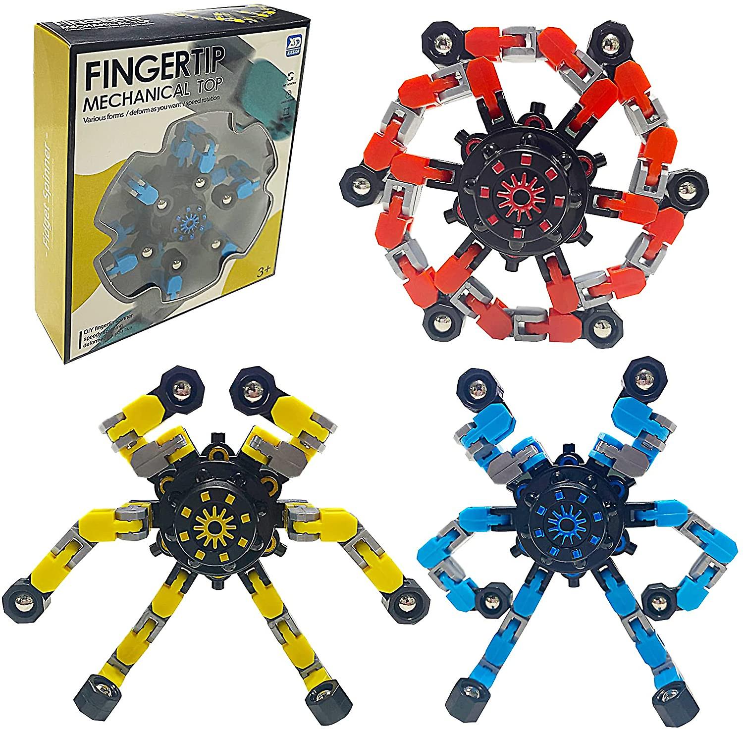 3 Pack Transformable Fingertip Spinners 3D Creative Decompression Relaxation  (Blue Red Yellow)