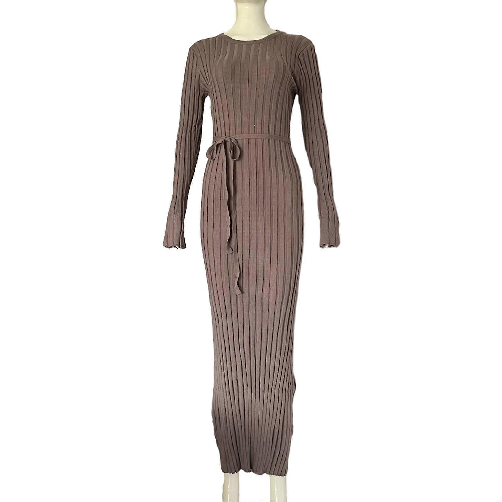 Womens Round Neck Sweater Dress Long Sleeve Ribbed Knit Bodycon Pullover Sweater  Maxi Dresses Casual Fall A Line Dress apricot gray L | Fruugo QA