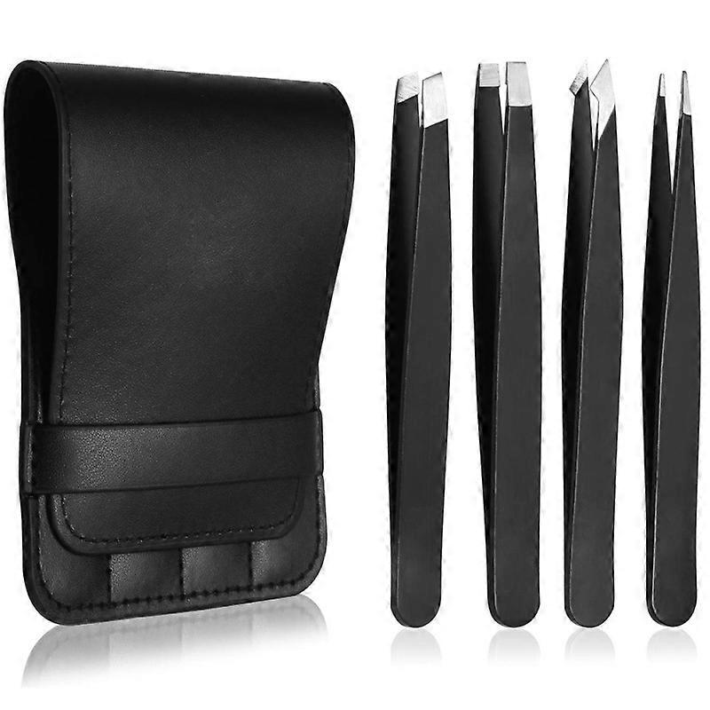 Tweezers Set - Professional Stainless Steel Eyebrow Tweezers with Great Sensitivity - Black Precision Grip and Durable Design