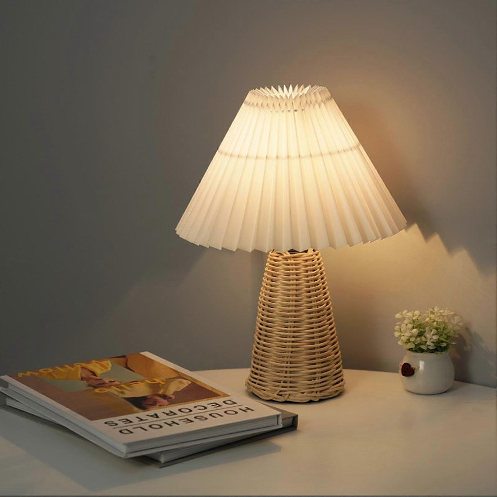 Pleated Table Lamp Bedside Night Light With Rattan Base Retro Design Soft Warm Light For Bedroom Decor Accent Lighting