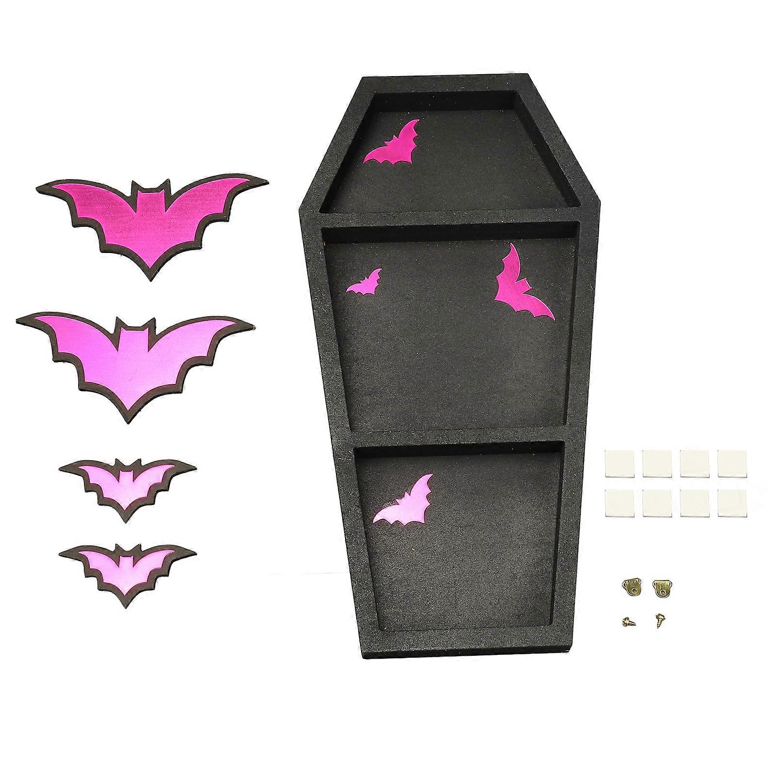 Room Decor Coffin Shelf with 4 Bat Patches Wooden Floating Storage Display Shelf for Wall and Table Top