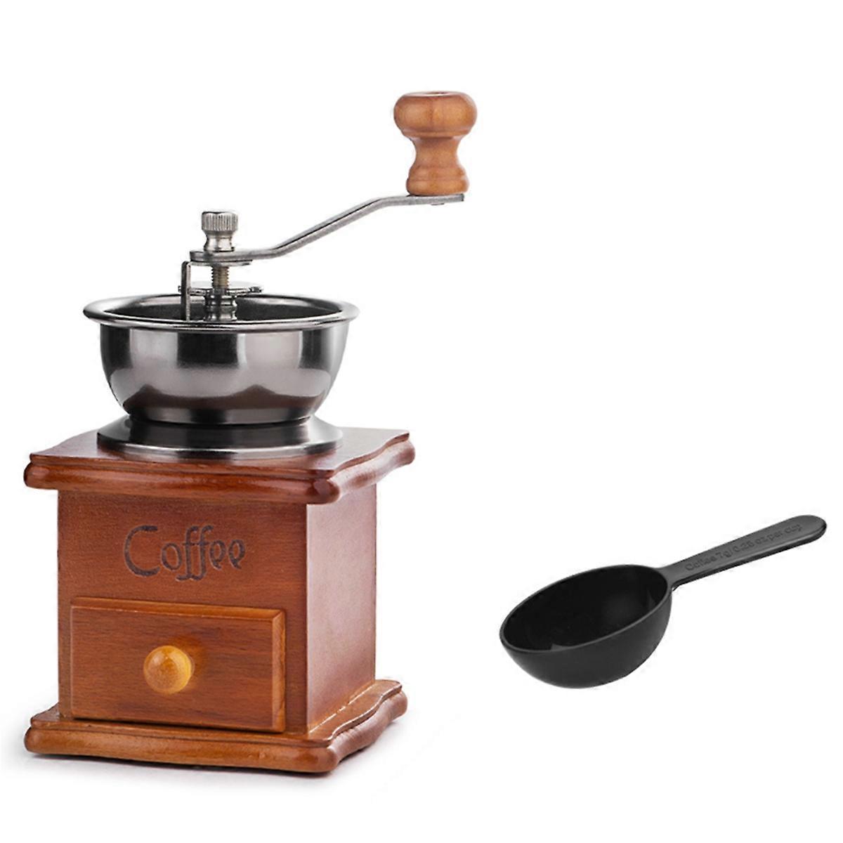 Manual Coffee Grinder with Spoon Mini Vintage Wooden Coffee Bean Grinder for Making Mesh Coffee