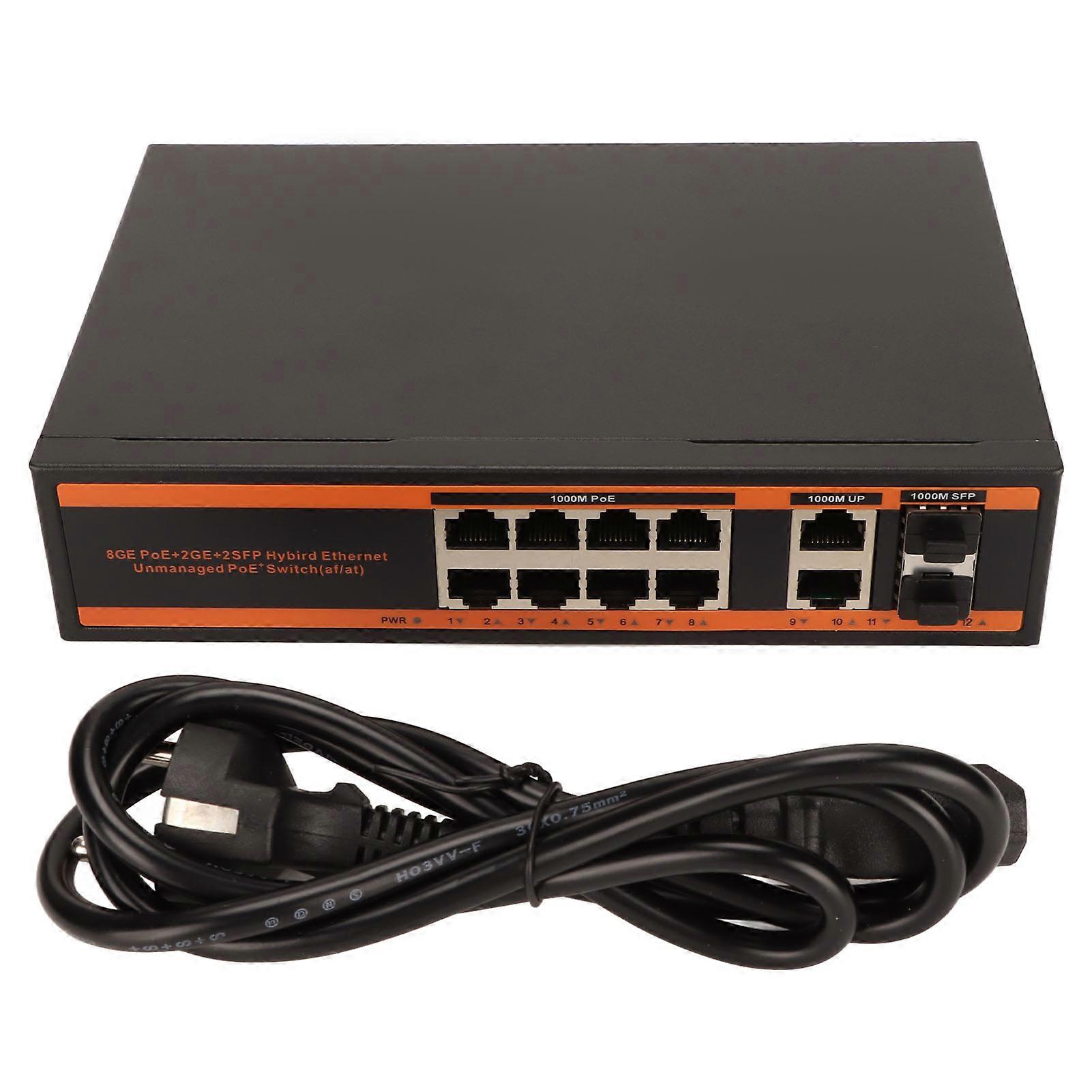 PoE Switch 10 Port 52V 150W Plug and Play Desktop 1000M Full Gigabit Unmanaged POE Switch 100‑240V